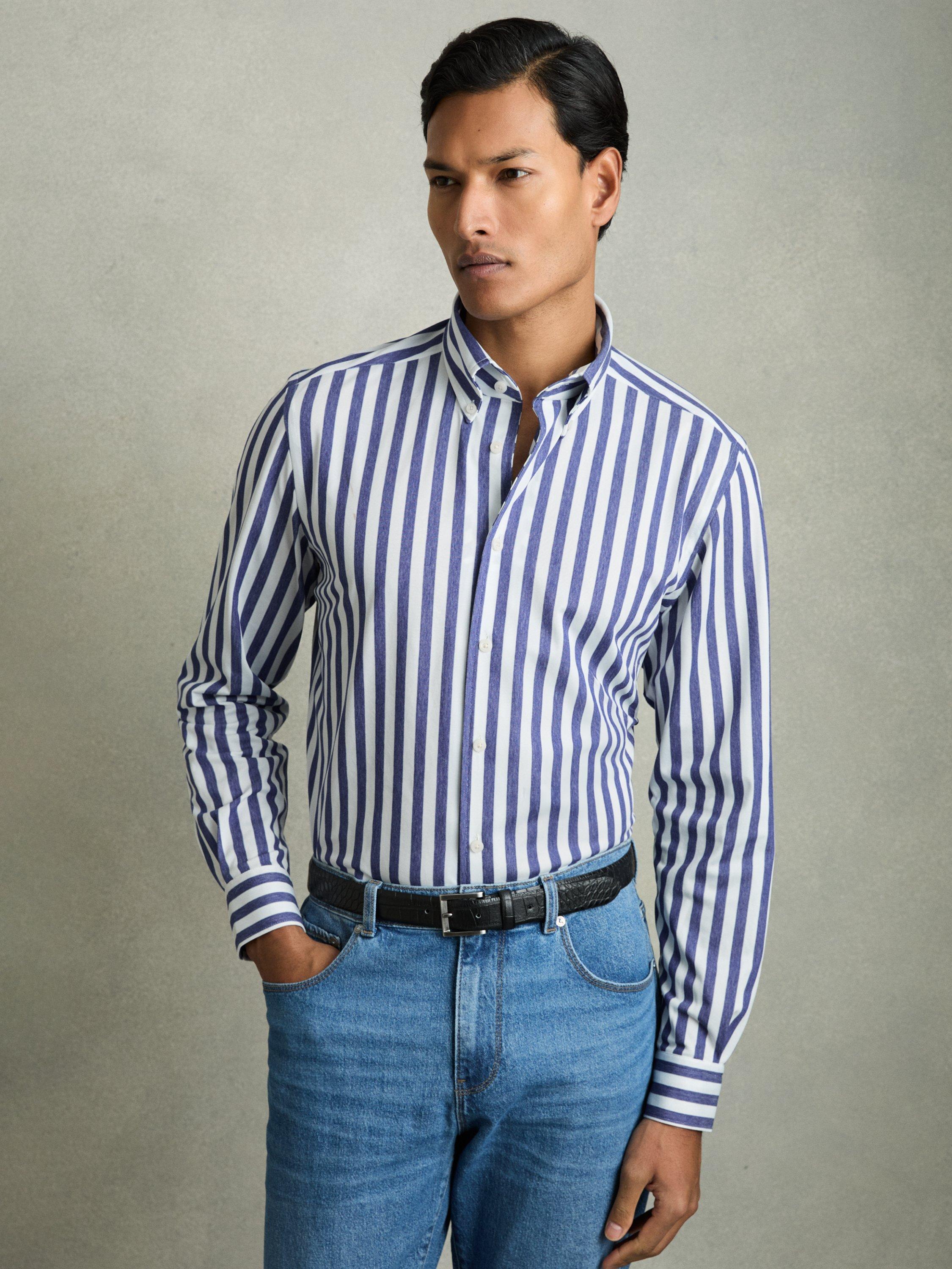 Product image 1 of 5, which shows Reiss Tobin Cotton Blend Regular Fit Stripe Shirt, Blue/White, XL