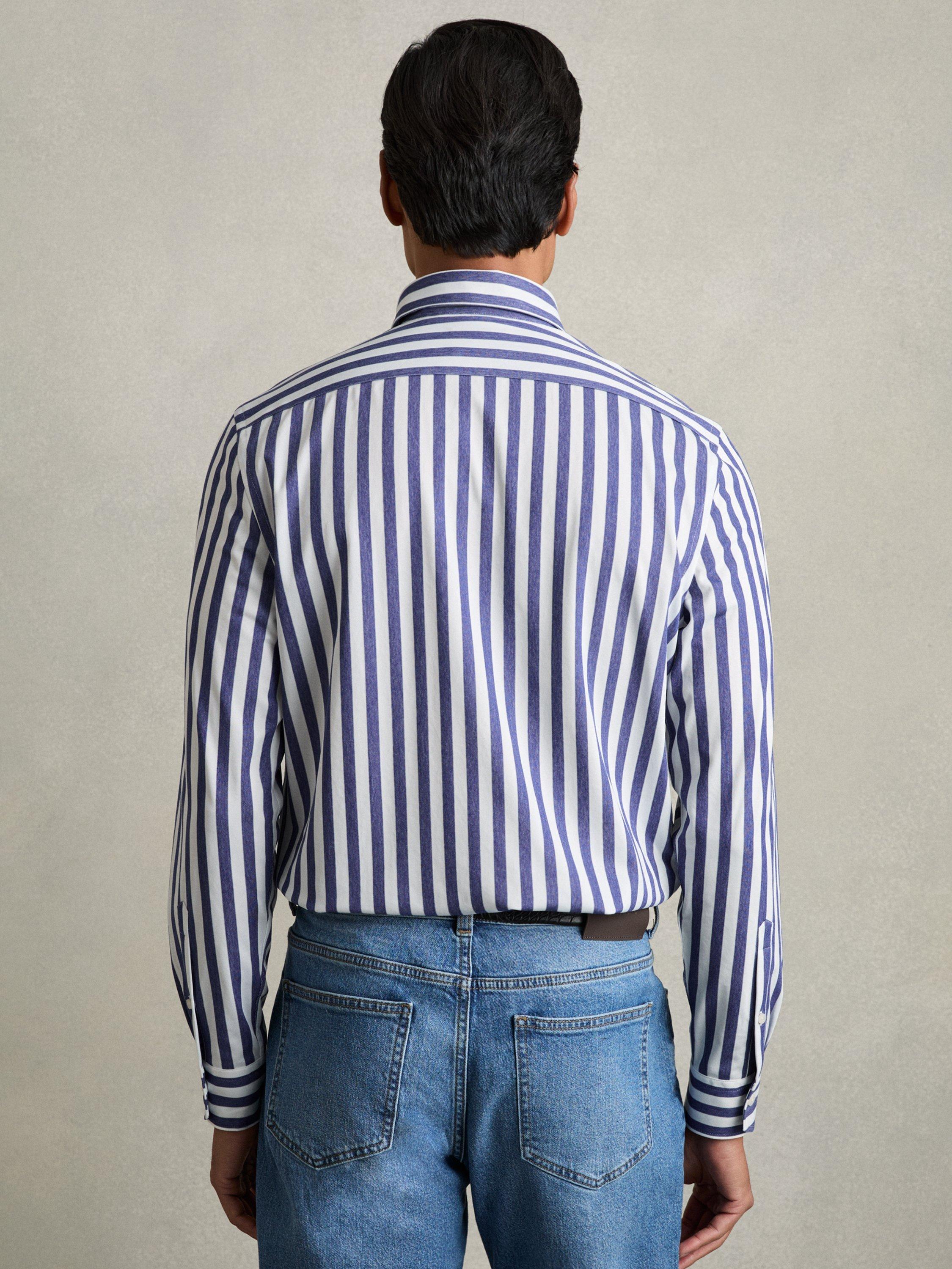Product image 2 of 5, which shows Reiss Tobin Cotton Blend Regular Fit Stripe Shirt, Blue/White, XL