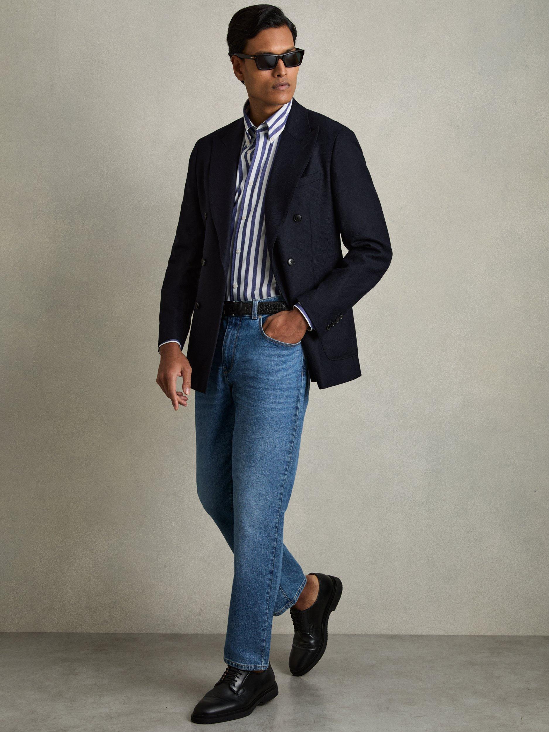 Product image 4 of 5, which shows Reiss Tobin Cotton Blend Regular Fit Stripe Shirt, Blue/White, XL