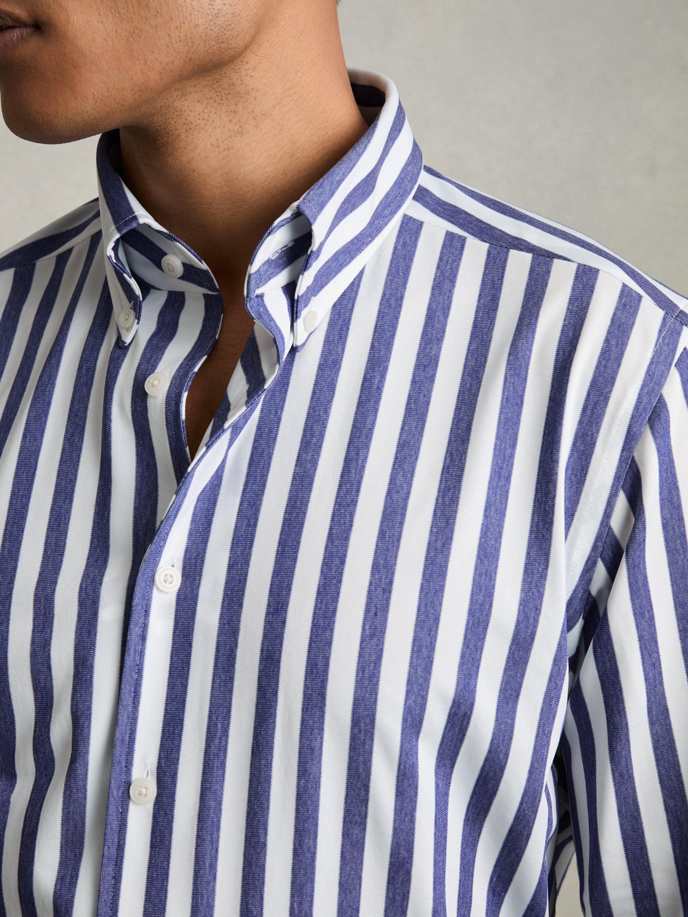 Product image 5 of 5, which shows Reiss Tobin Cotton Blend Regular Fit Stripe Shirt, Blue/White, XL