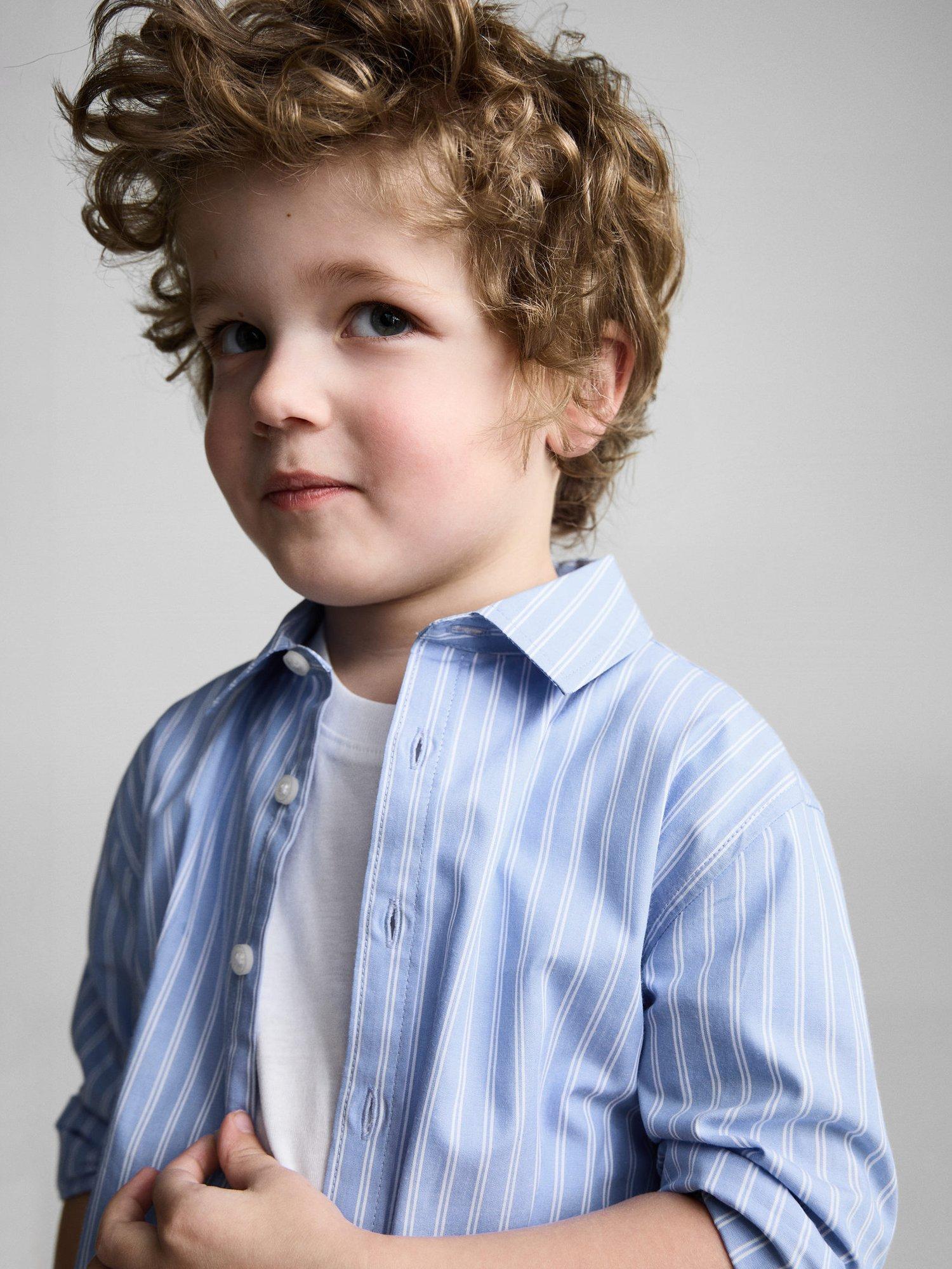 Product image 5 of 6, which shows Mango Kids' Carlos Stripe Cotton Shirt, Light Pastel Blue, 12-18 months