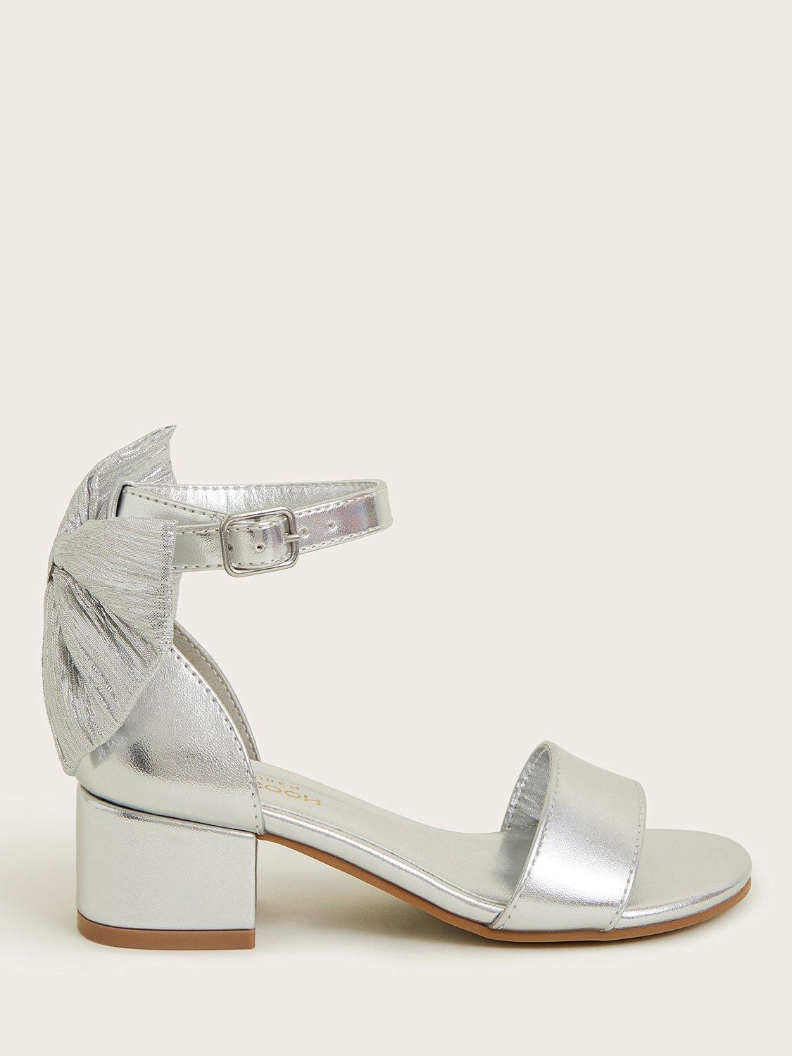 Product image 1 of 3, which shows Monsoon Kids' Two-Part Bow Heeled Shoes, Silver, 7 Jnr