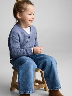 Mango Kids' Indie Ribbed V-Neck Cardigan, Medium Blue, Medium Blue