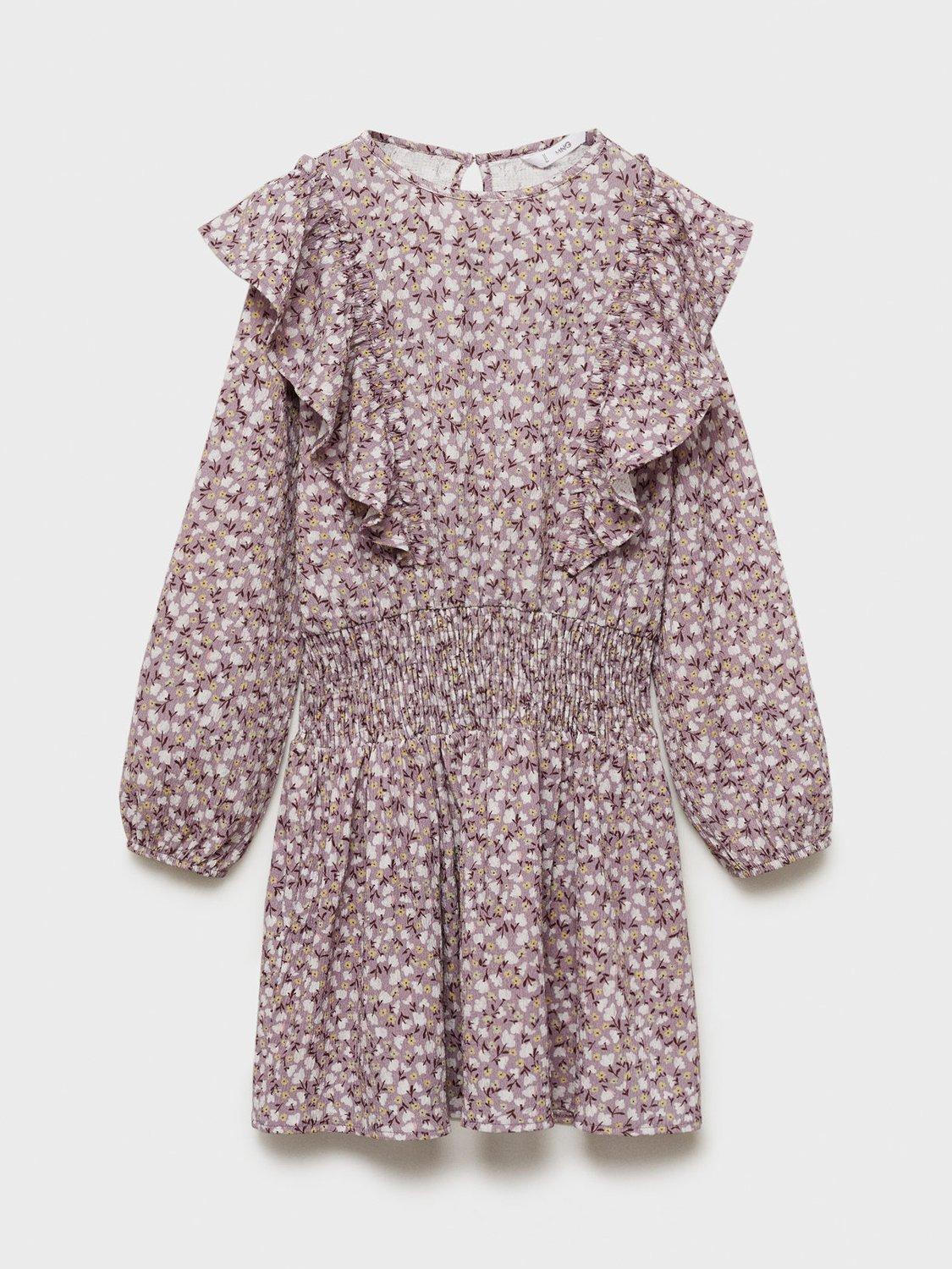 Product image 1 of 4, which shows Mango Kids' Capri Flora Frill Dress, Light Pastel Purple, 11-12 years