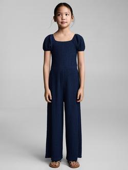Mango Kids' Boat Textured Wide Leg Jumpsuit, Dark Blue - view 2, Dark Blue