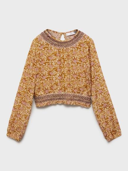 Mango Kids' Lourdes Floral Shirred Blouse, Dark Yellow, Dark Yellow