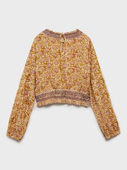 Mango Kids' Lourdes Floral Shirred Blouse, Dark Yellow - view 2, Dark Yellow