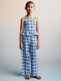 Mango Kids' Maris Stamp Print Frill Hem Blouse, Medium Blue, Medium Blue