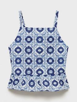 Mango Kids' Maris Stamp Print Frill Hem Blouse, Medium Blue - view 2, Medium Blue
