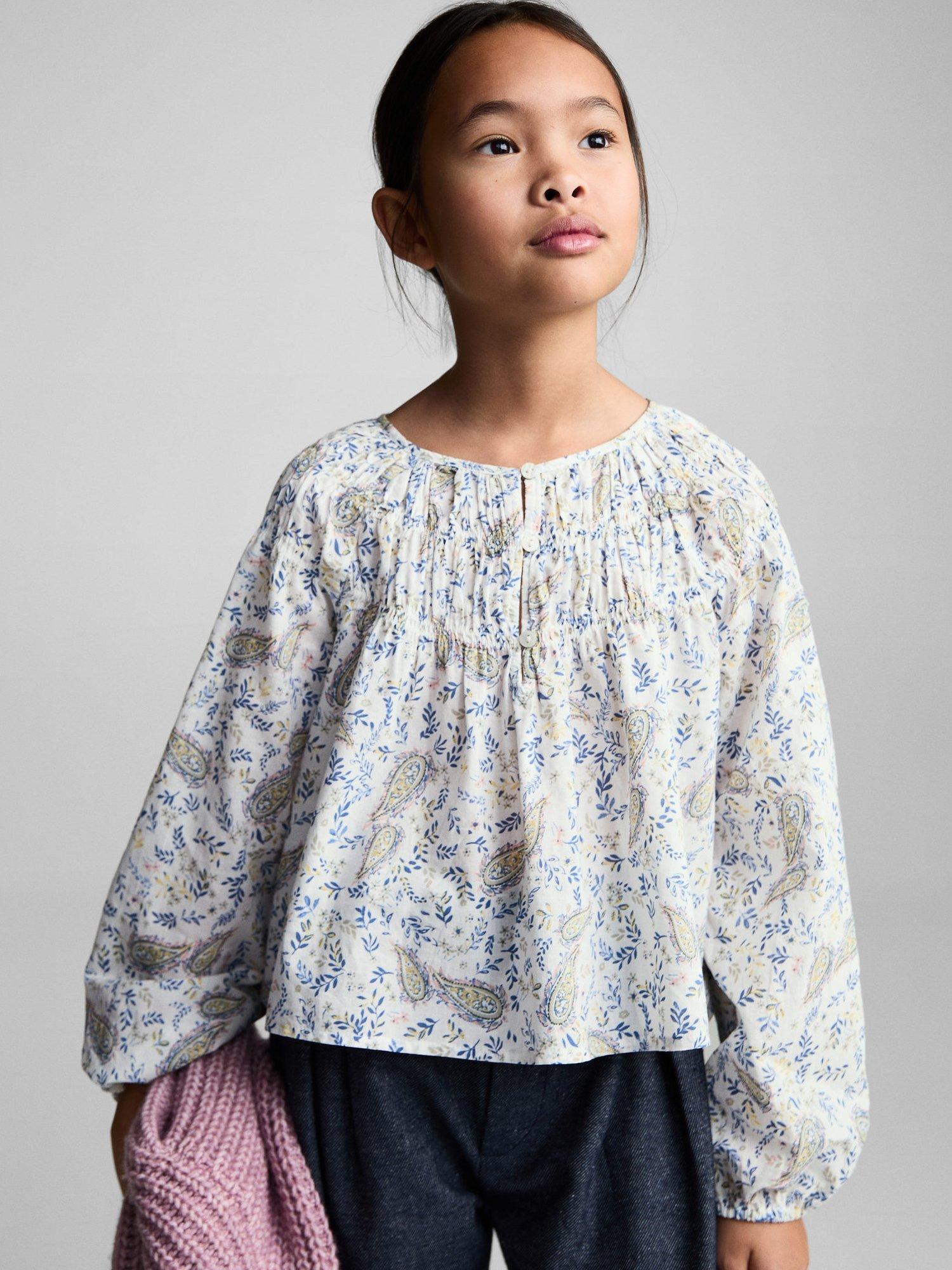 Product image 1 of 7, which shows Mango Kids' Pash Floral Paisley Print Button Blouse, White, 13-14 years
