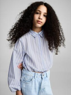 Mango Kids' Sandra Stripe Cotton Drawstring Shirt, Medium Blue, Medium Blue