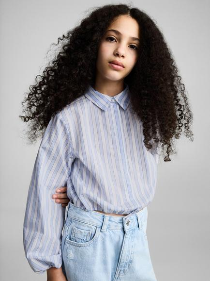 Mango Kids' Sandra Stripe Cotton Drawstring Shirt, Medium Blue, Medium Blue