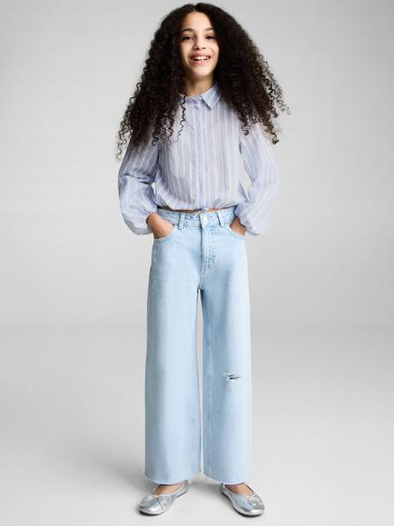 Mango Kids' Sandra Stripe Cotton Drawstring Shirt, Medium Blue - view 2, Medium Blue