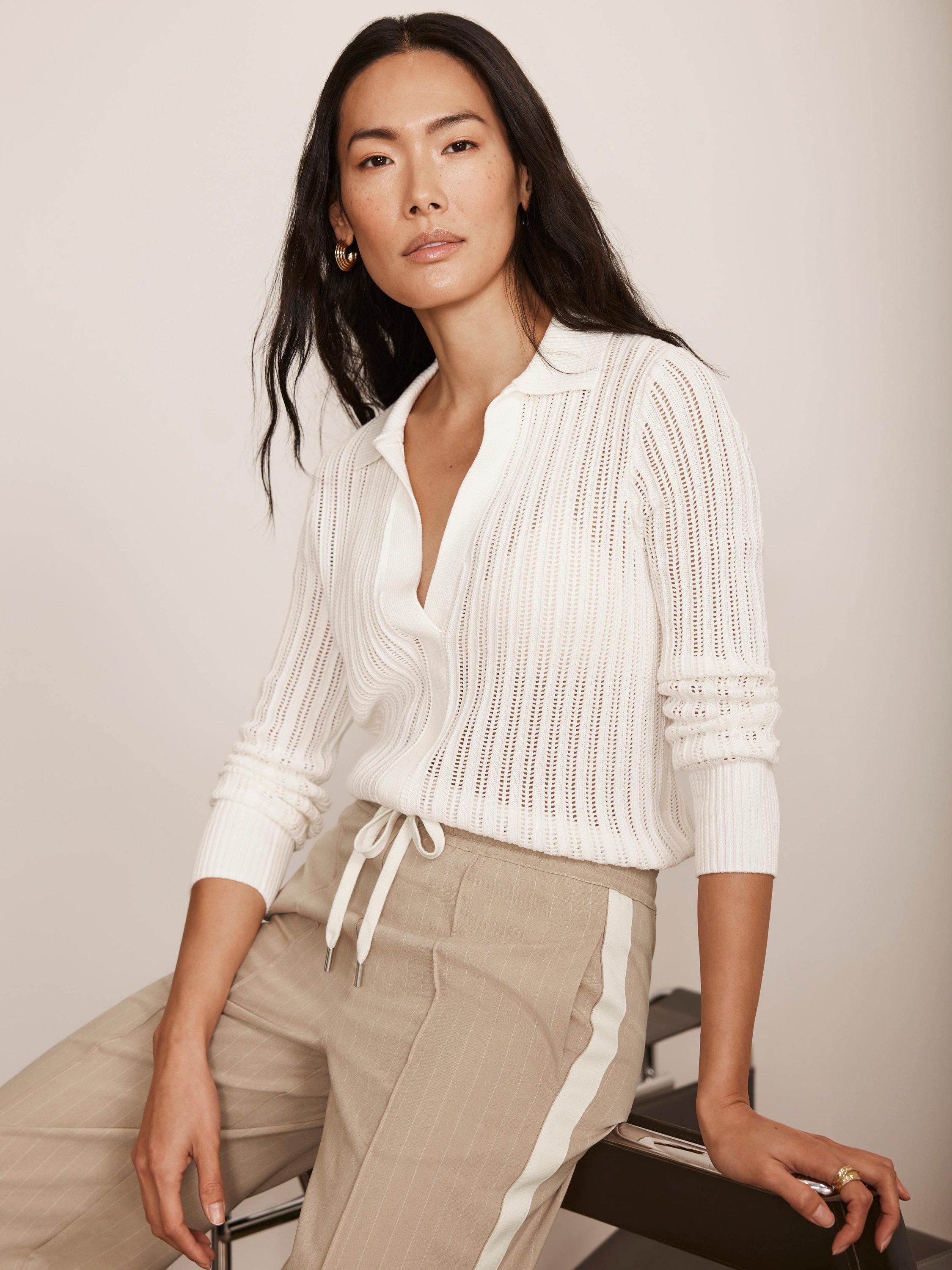 Mint Velvet Cotton Blend Polo Top, White Ivory