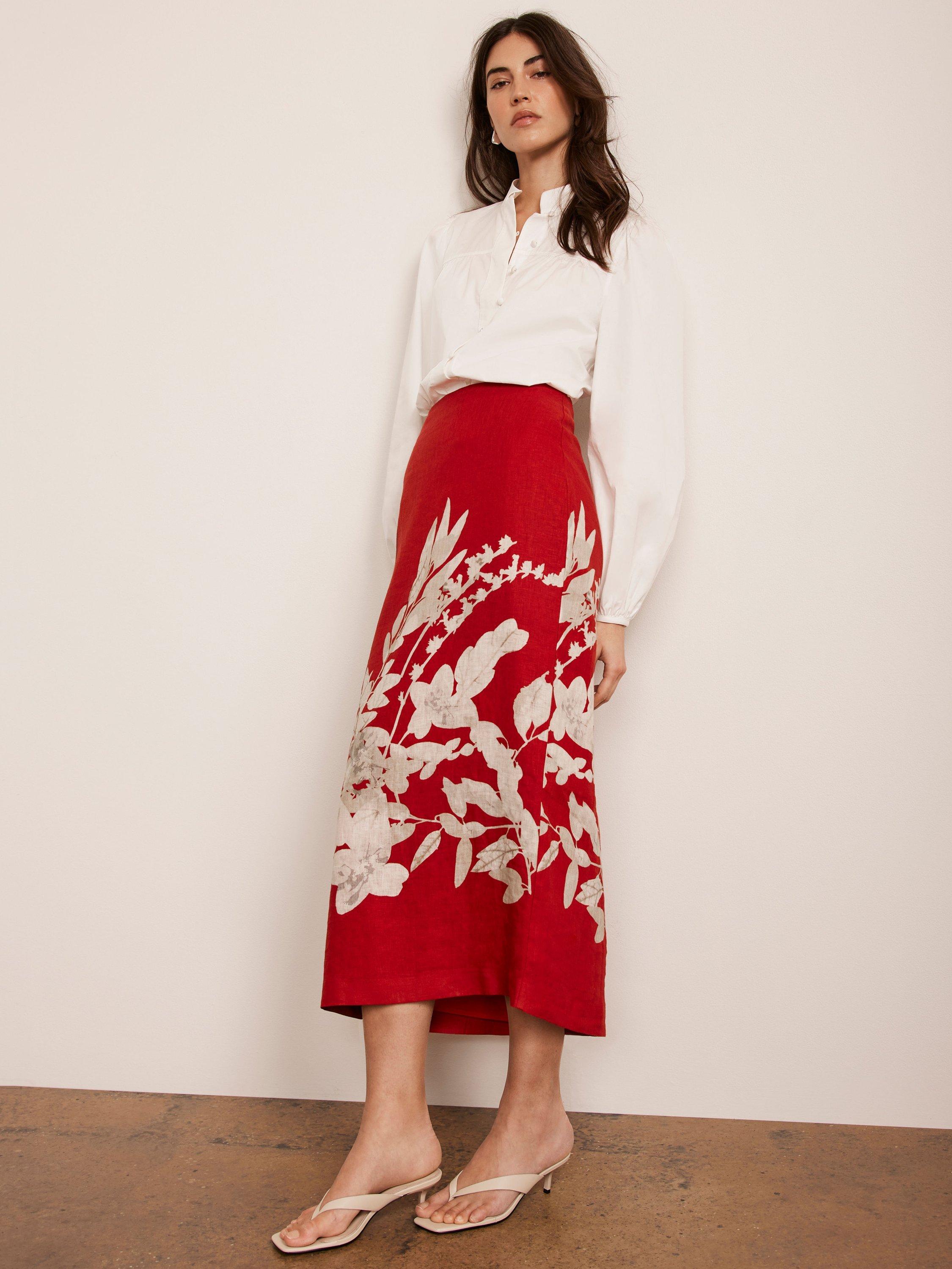 Mint Velvet Linen Floral Print Pencil Skirt, Red/White