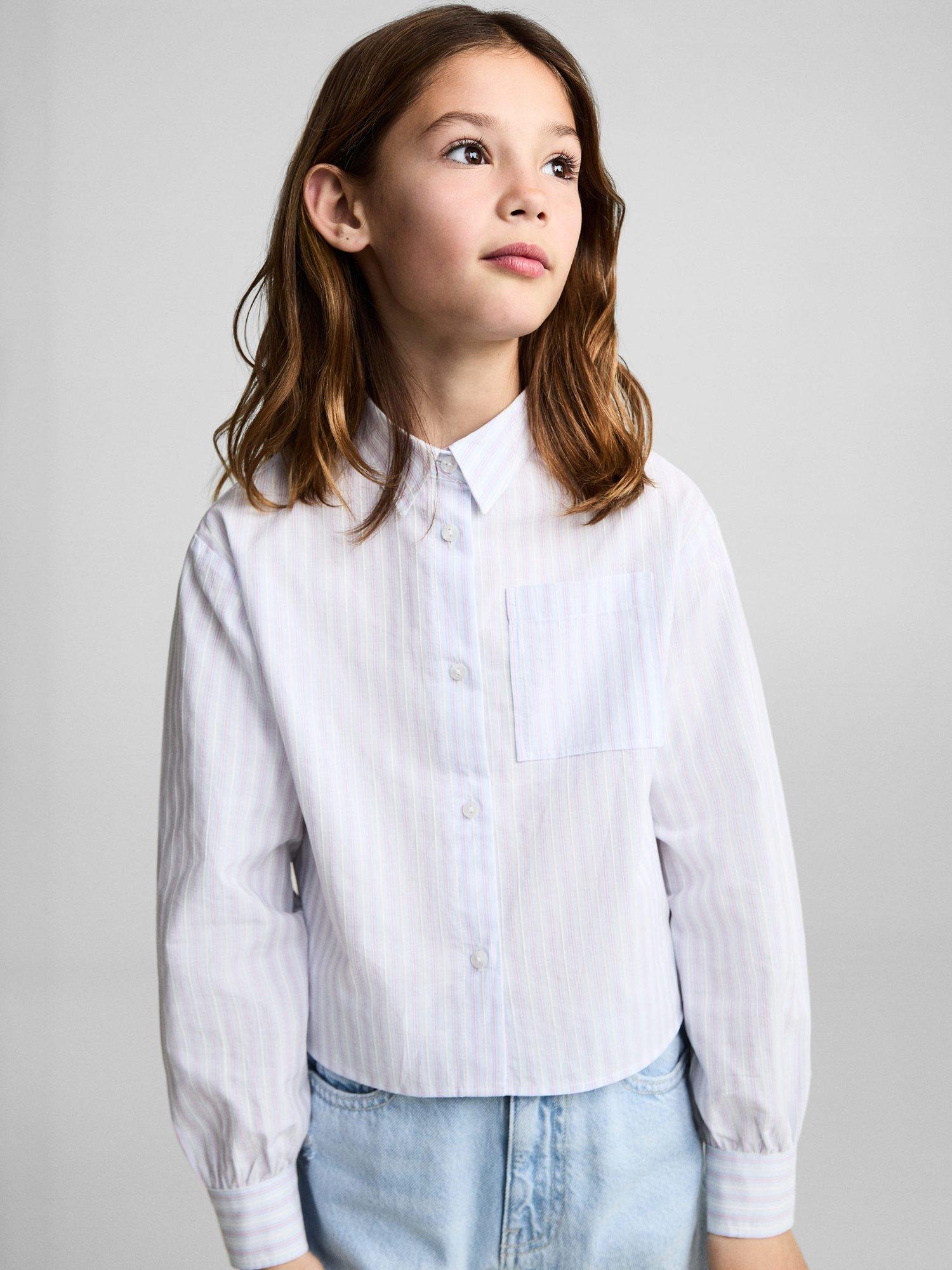 Product image 1 of 7, which shows Mango Kids' Sharon Stripe Cotton Cropped Shirt, Pastel Blue, 10 years