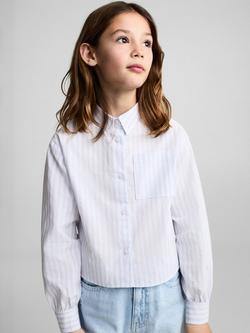 Mango Kids' Sharon Stripe Cotton Cropped Shirt, Pastel Blue, Pastel Blue