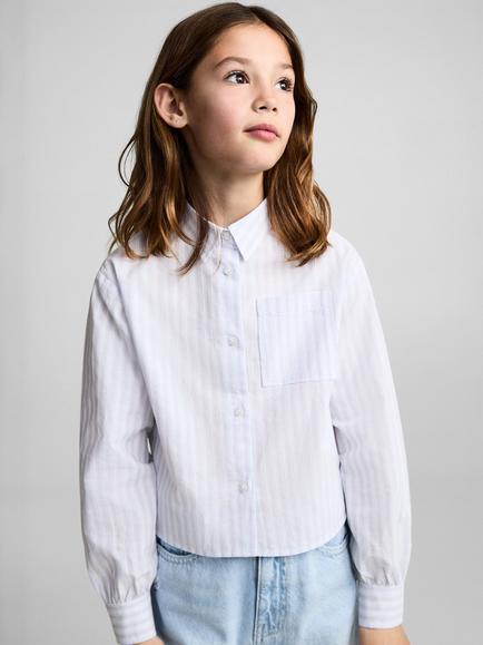 Mango Kids' Sharon Stripe Cotton Cropped Shirt, Pastel Blue, Pastel Blue