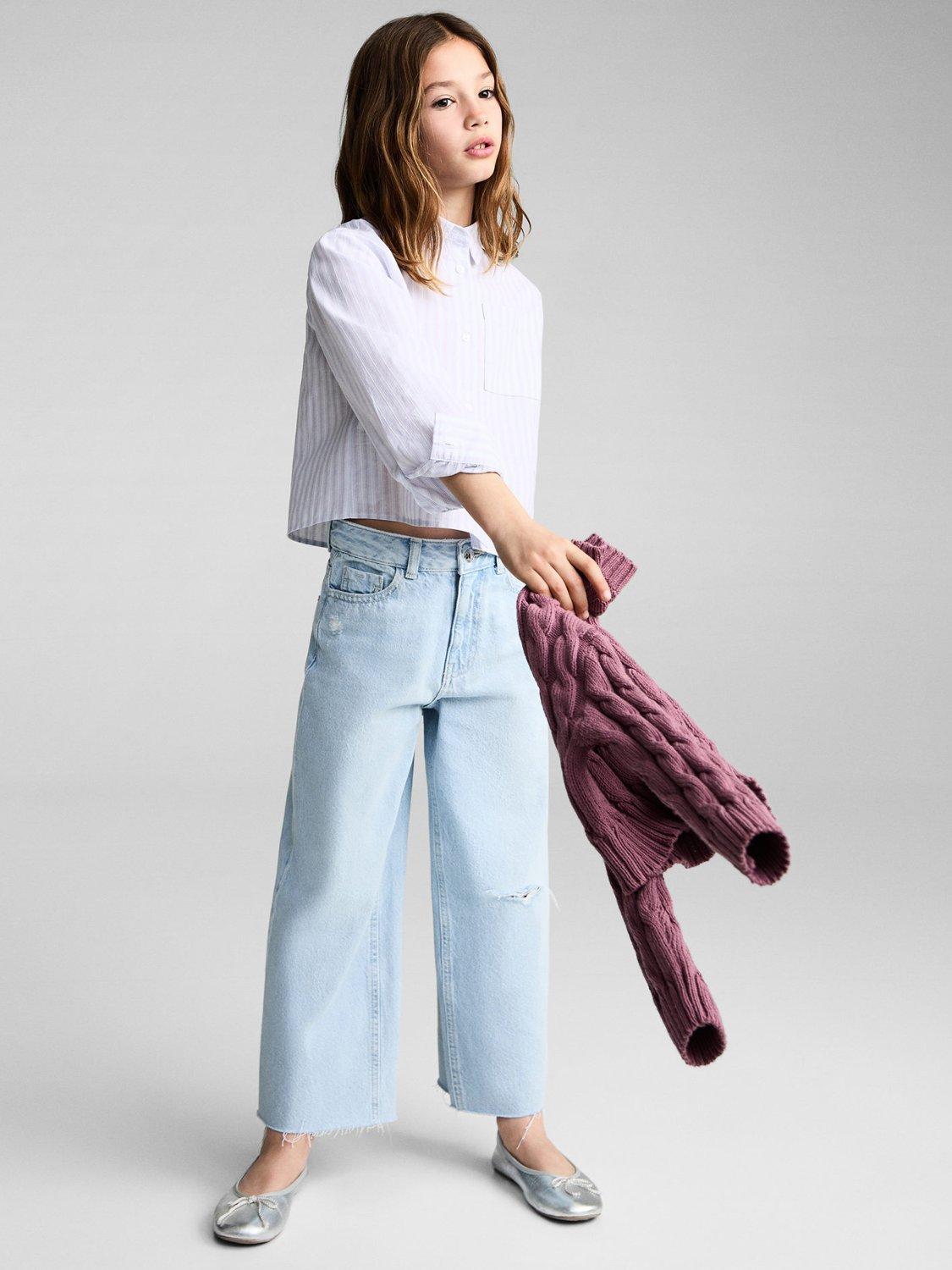 Product image 2 of 7, which shows Mango Kids' Sharon Stripe Cotton Cropped Shirt, Pastel Blue, 10 years