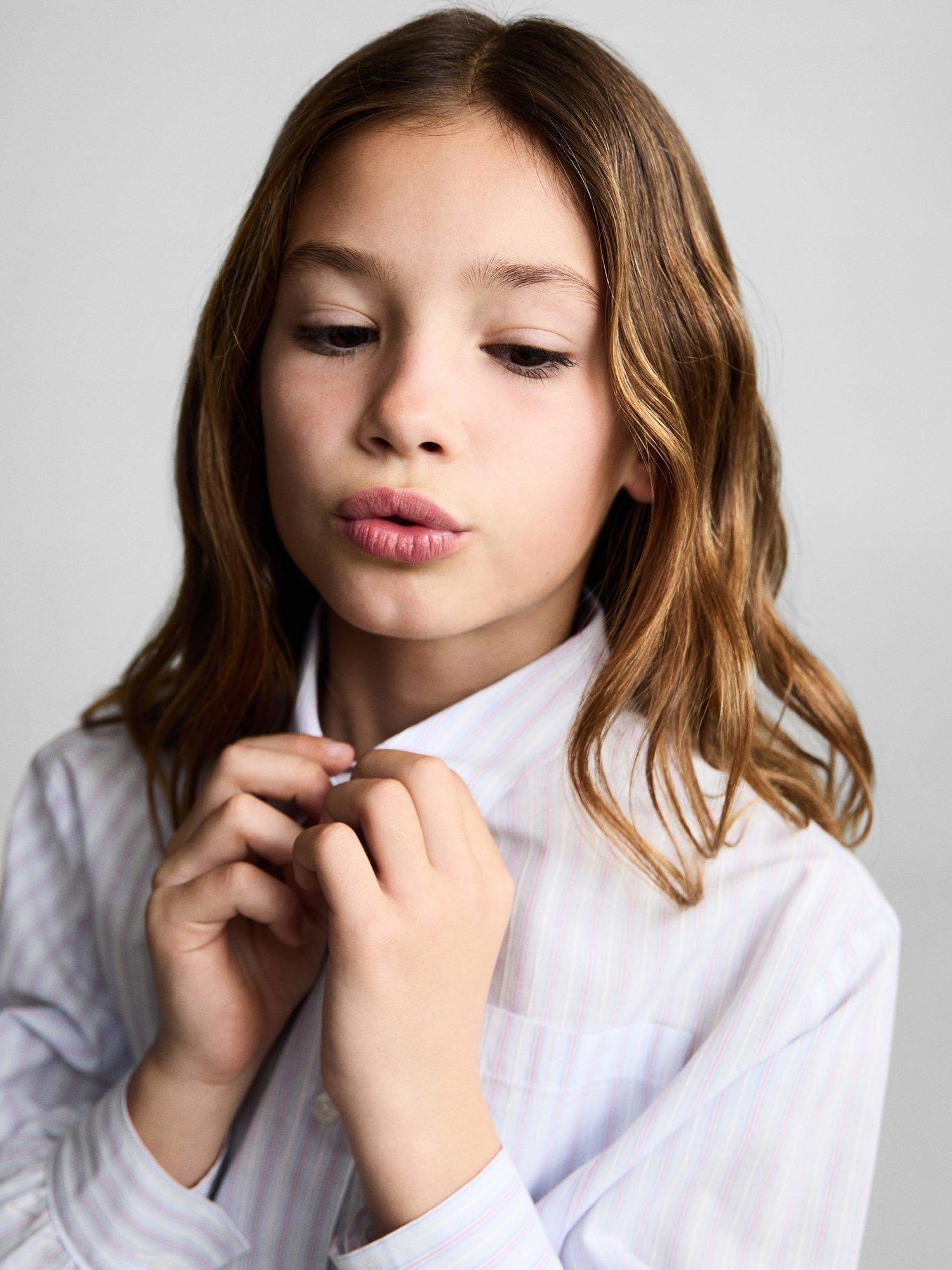Product image 6 of 7, which shows Mango Kids' Sharon Stripe Cotton Cropped Shirt, Pastel Blue, 10 years