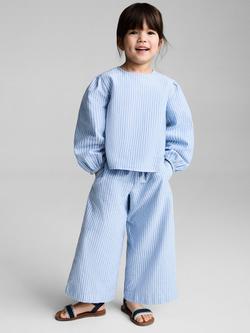 Mango Kids' Arles Cotton Stripe Wide Leg Trousers, Medium Blue - view 2, Medium Blue