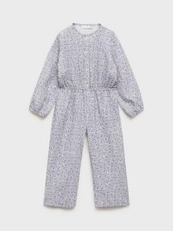 Mango Kids' Avinon Floral Stretchy Jumpsuit, Medium Blue, Medium Blue