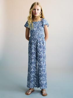 Mango Kids' Begur Floral Wide Leg Jumpsuit, Navy, Navy