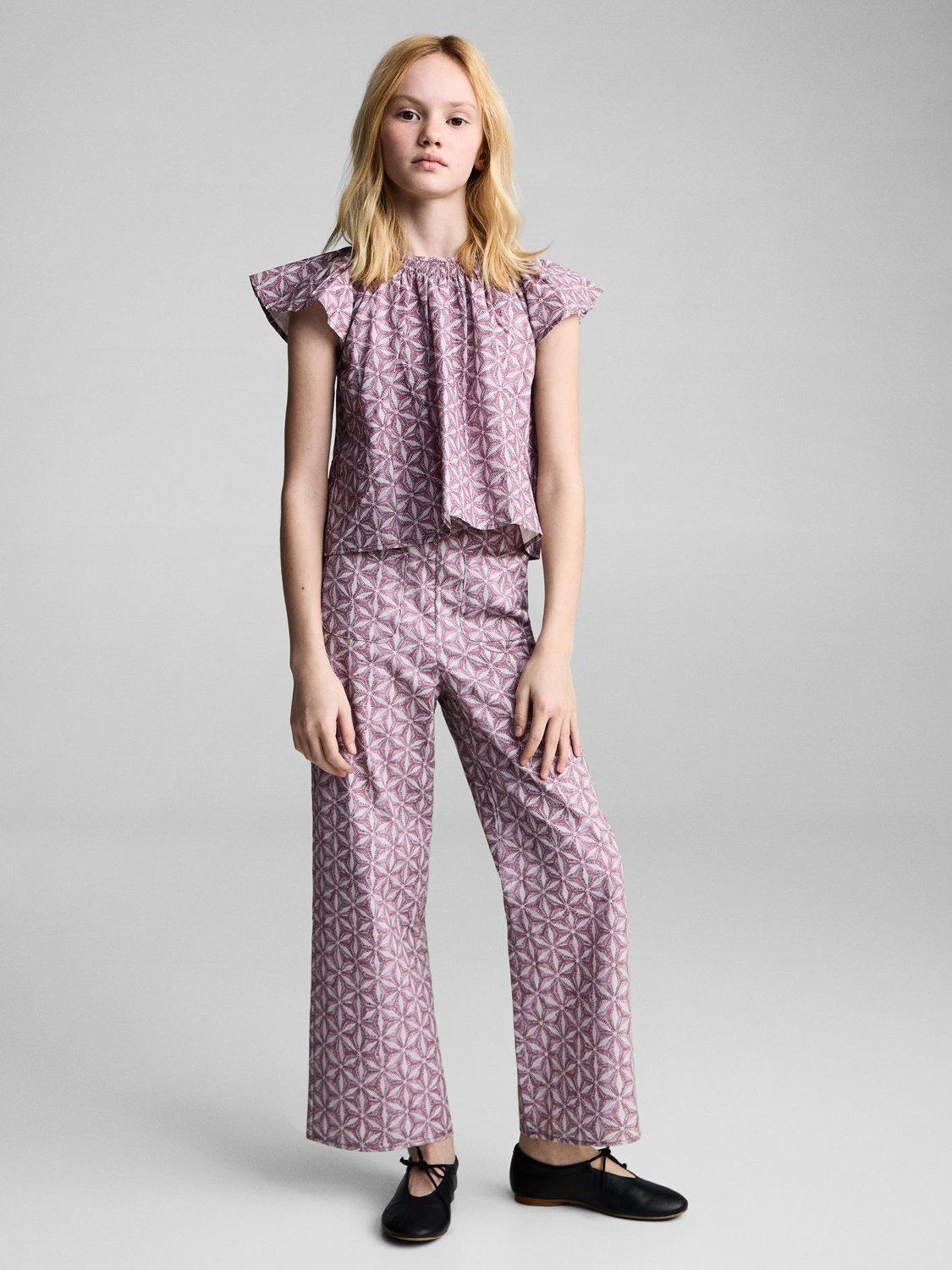 Product image 1 of 6, which shows Mango Kids' Carlota Geometric Wide Leg Trousers, Pink, 11-12 years