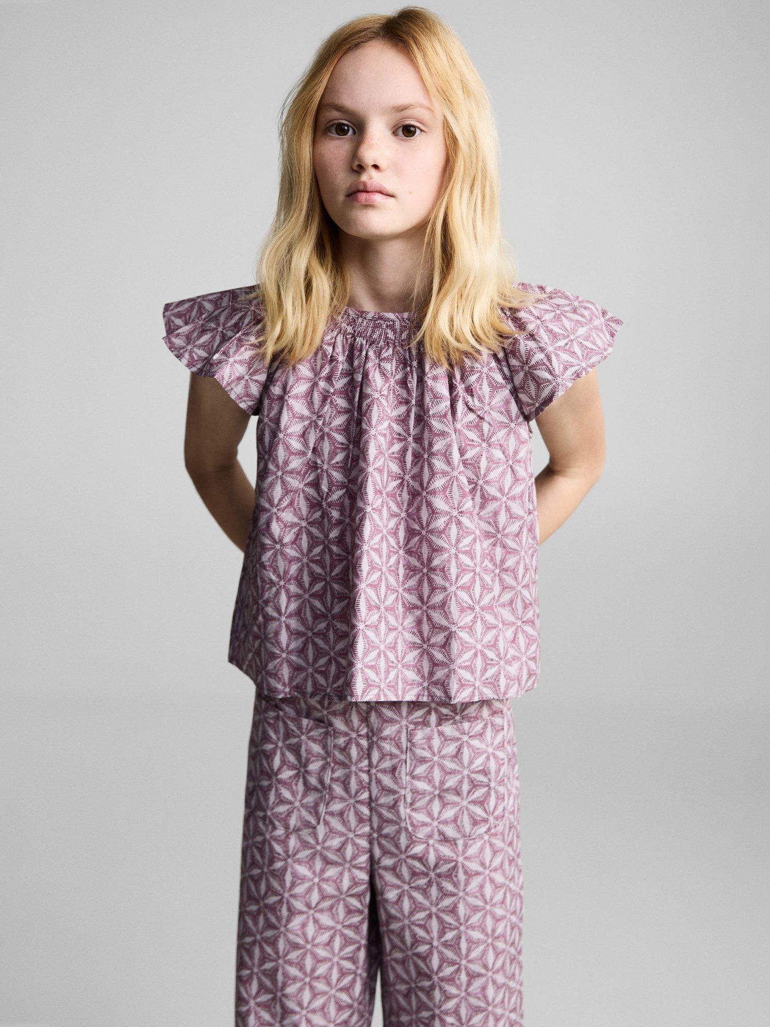 Product image 2 of 6, which shows Mango Kids' Carlota Geometric Wide Leg Trousers, Pink, 11-12 years