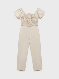 Mango Kids' Panetone Cotton Linen Crochet Jumpsuit, Lt Pastel Grey, Lt Pastel Grey