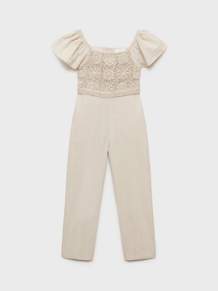Mango Kids' Panetone Cotton Linen Crochet Jumpsuit, Lt Pastel Grey, Lt Pastel Grey