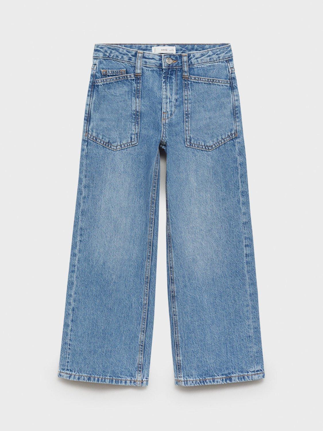 Product image 1 of 5, which shows Mango Kids' Pockets Wide Leg Jeans, Mid Blue, 13-14 years