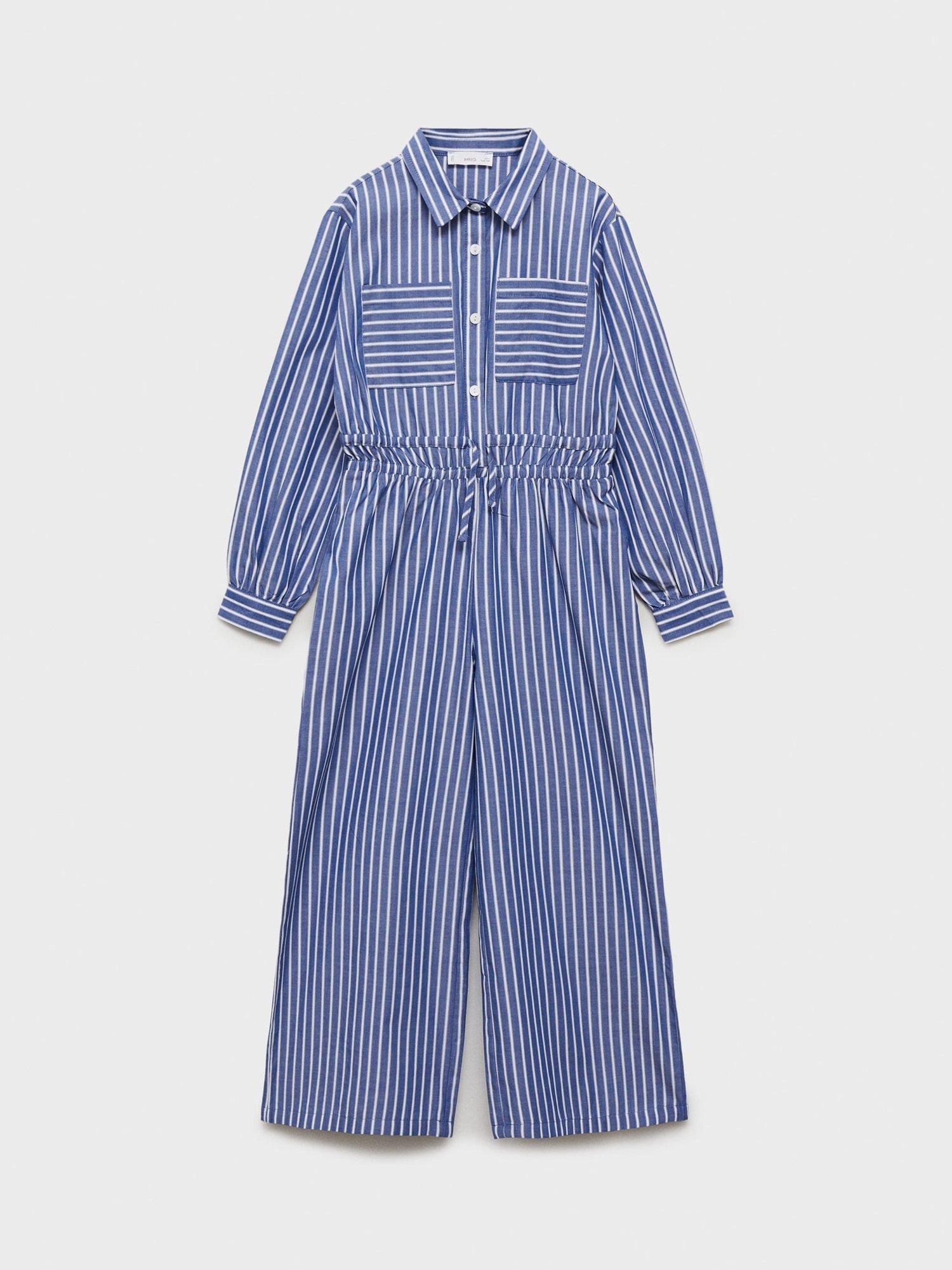 Product image 1 of 4, which shows Mango Kids' Wendy Stripe Cotton Shirt Jumpsuit, Navy, 10 years