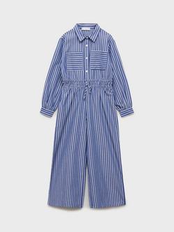 Mango Kids' Wendy Stripe Cotton Shirt Jumpsuit, Navy, Navy