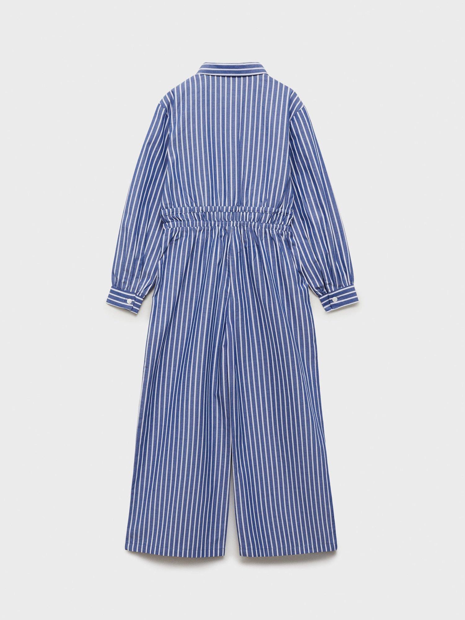 Product image 2 of 4, which shows Mango Kids' Wendy Stripe Cotton Shirt Jumpsuit, Navy, 10 years