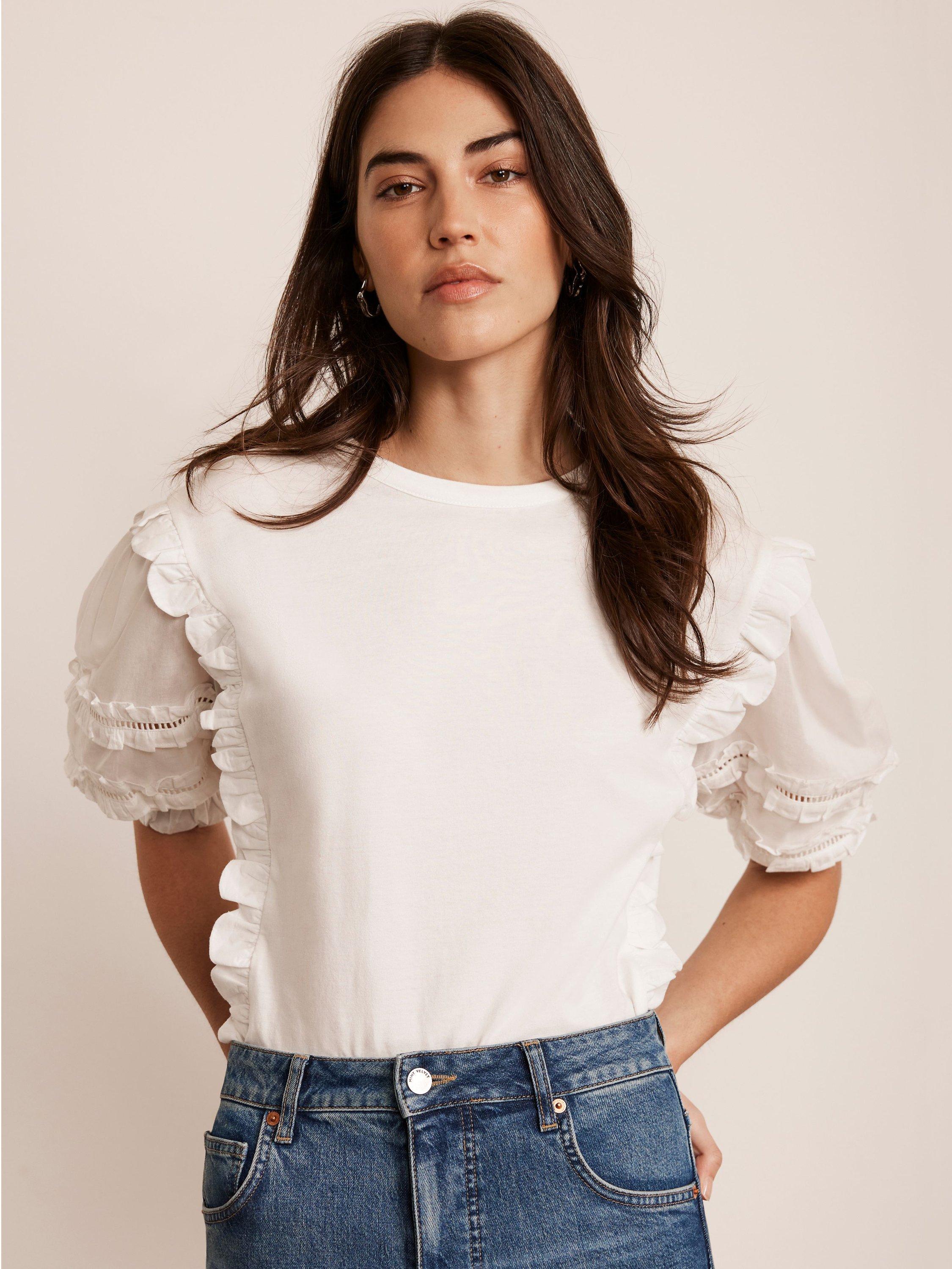 Mint Velvet Woven Sleeve T-Shirt, Ivory