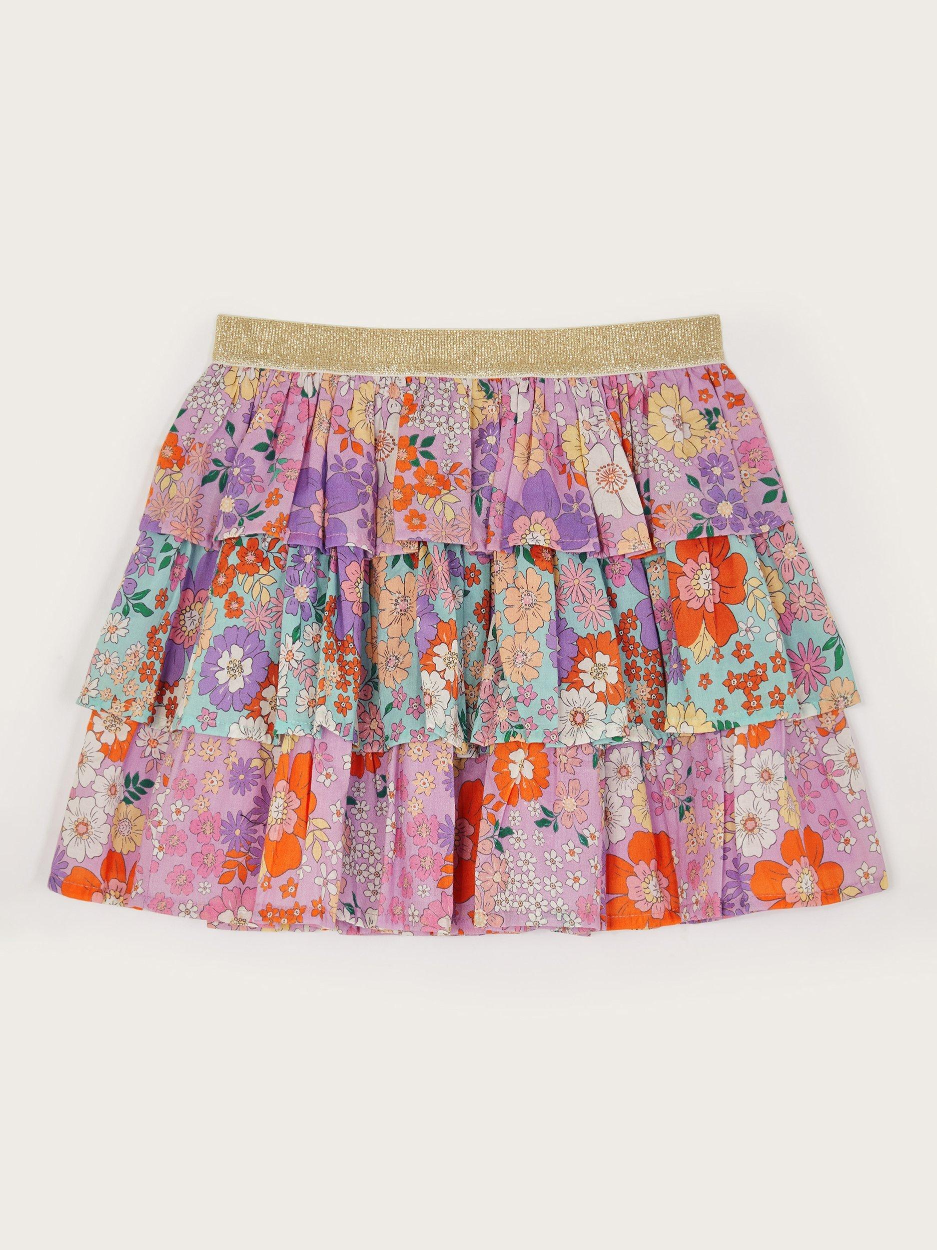 Product image 1 of 3, which shows Monsoon Kids' Cotton Floral Tiered Skirt, Multi, 11-12 years