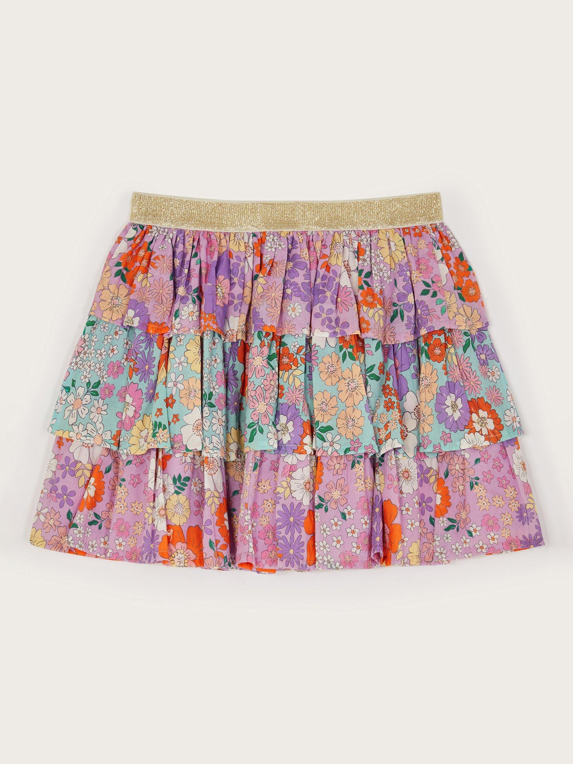 Product image 2 of 3, which shows Monsoon Kids' Cotton Floral Tiered Skirt, Multi, 11-12 years