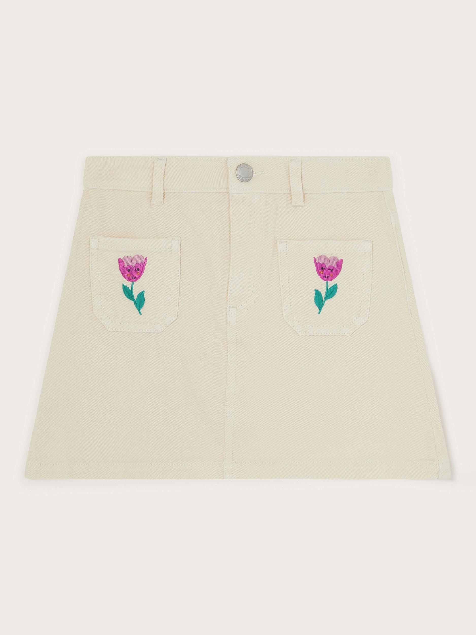Product image 1 of 3, which shows Monsoon Kids' Embroidered Tulip Denim Skirt, Cream, 3-4 years