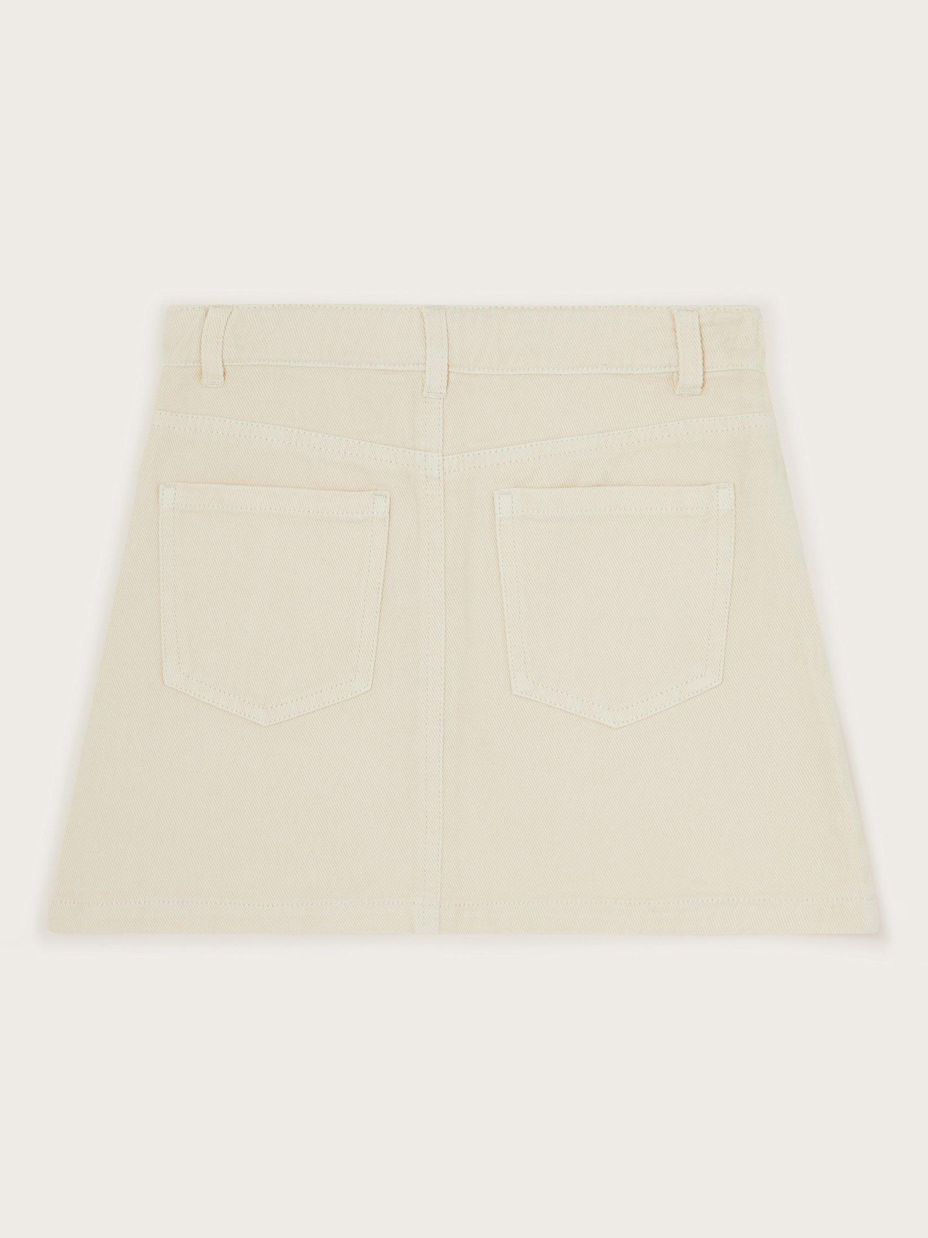 Product image 2 of 3, which shows Monsoon Kids' Embroidered Tulip Denim Skirt, Cream, 3-4 years
