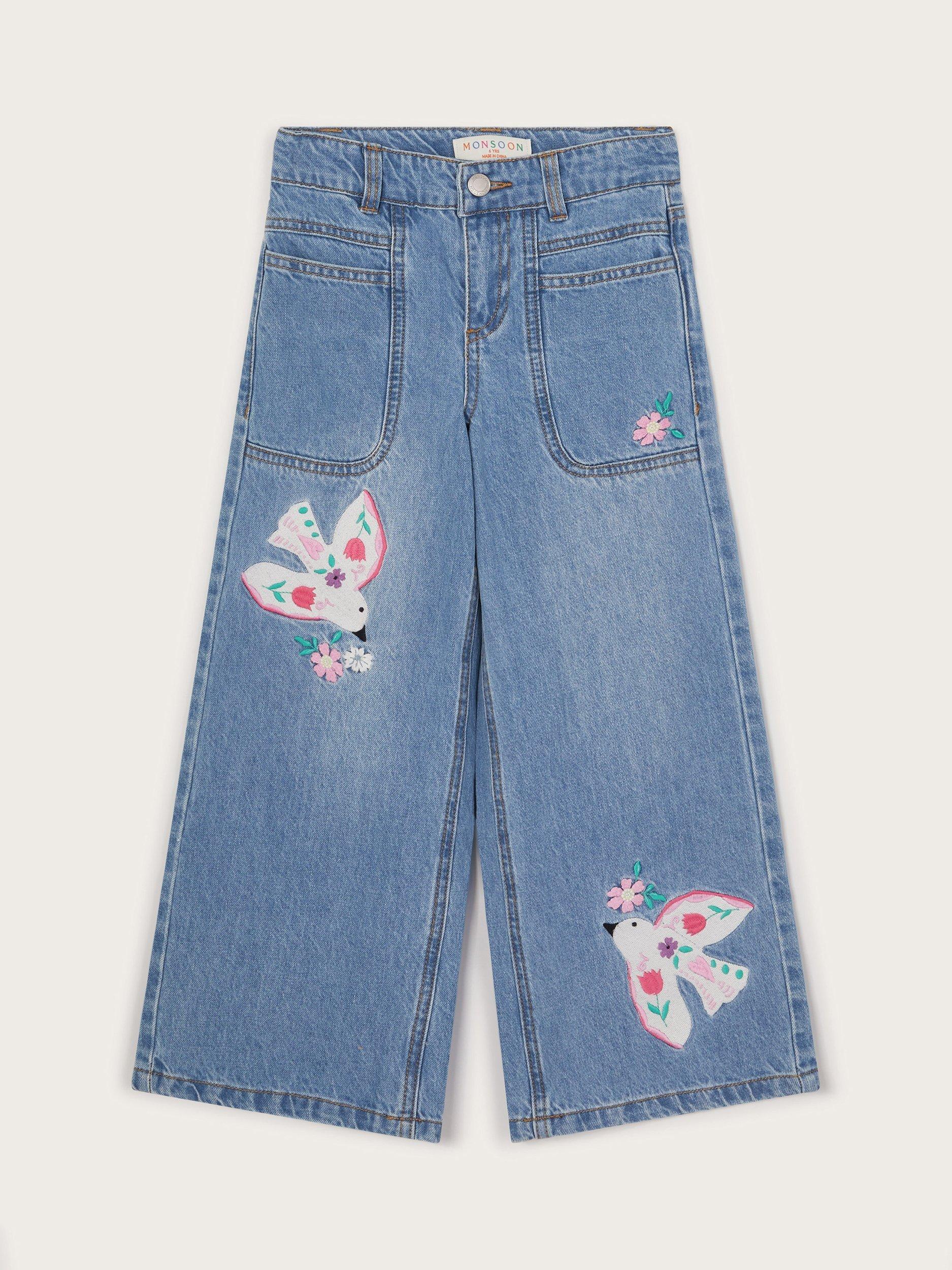Product image 2 of 4, which shows Monsoon Kids' Applique Denim Wide Leg Jeans, Blue, 11 years