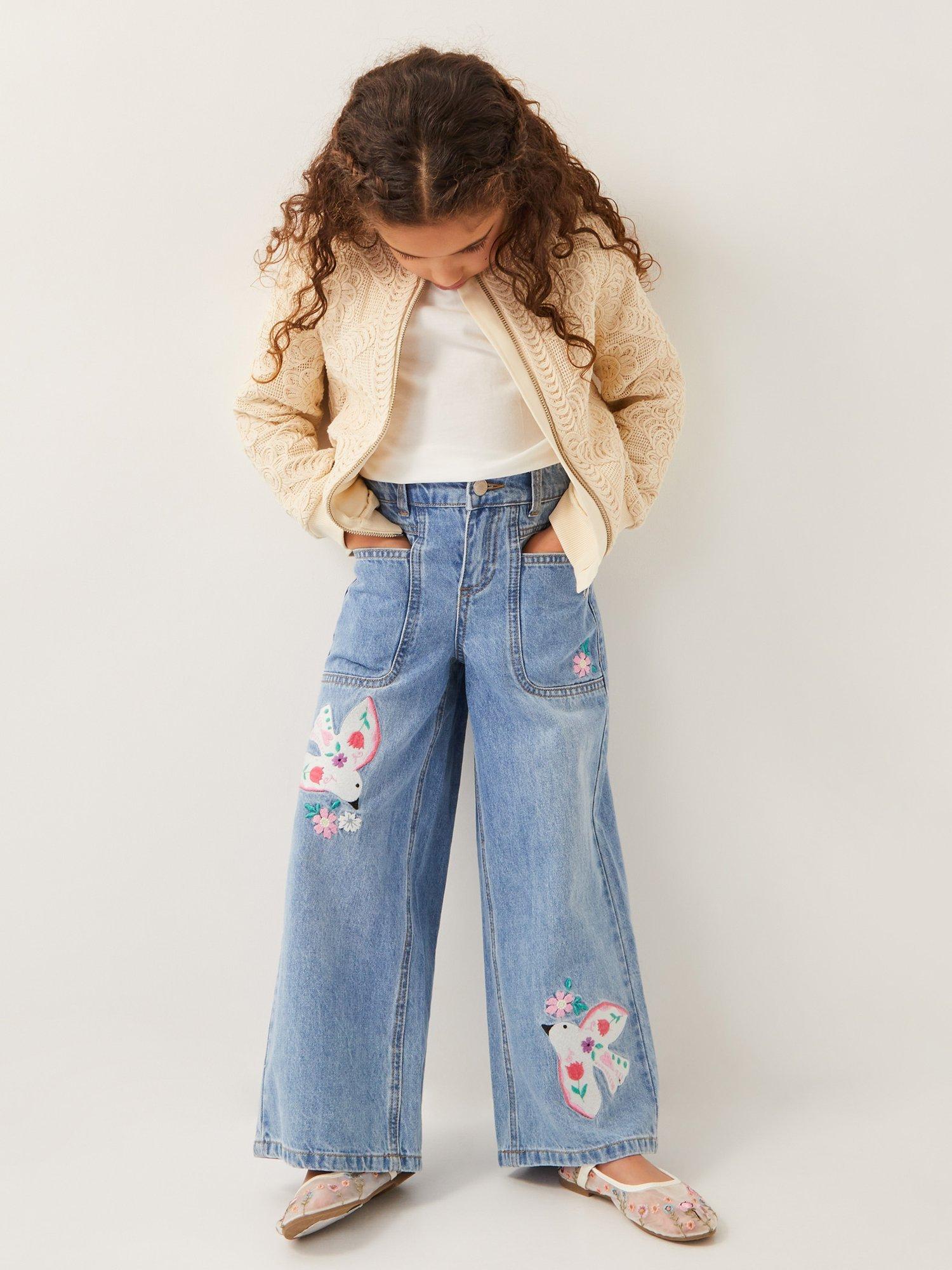 Product image 1 of 4, which shows Monsoon Kids' Applique Denim Wide Leg Jeans, Blue, 11 years