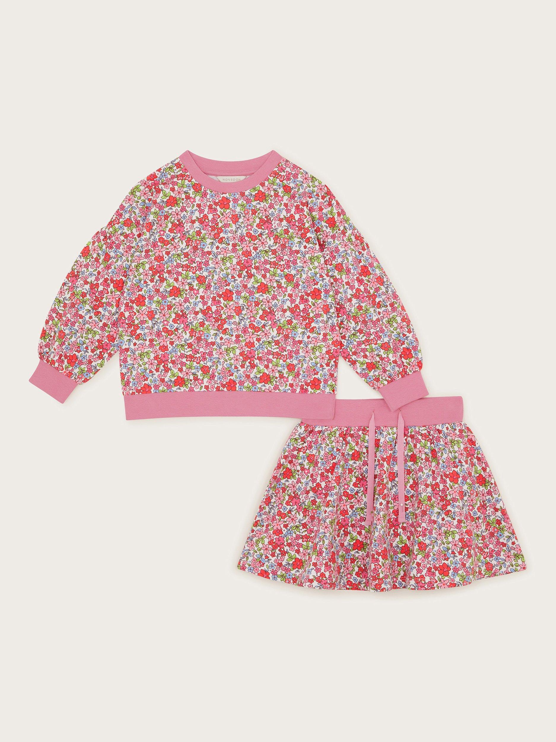 Product image 1 of 3, which shows Monsoon Kids' Cotton Floral Print Sweatshirt & Skort Set, Pink, 3-4 years