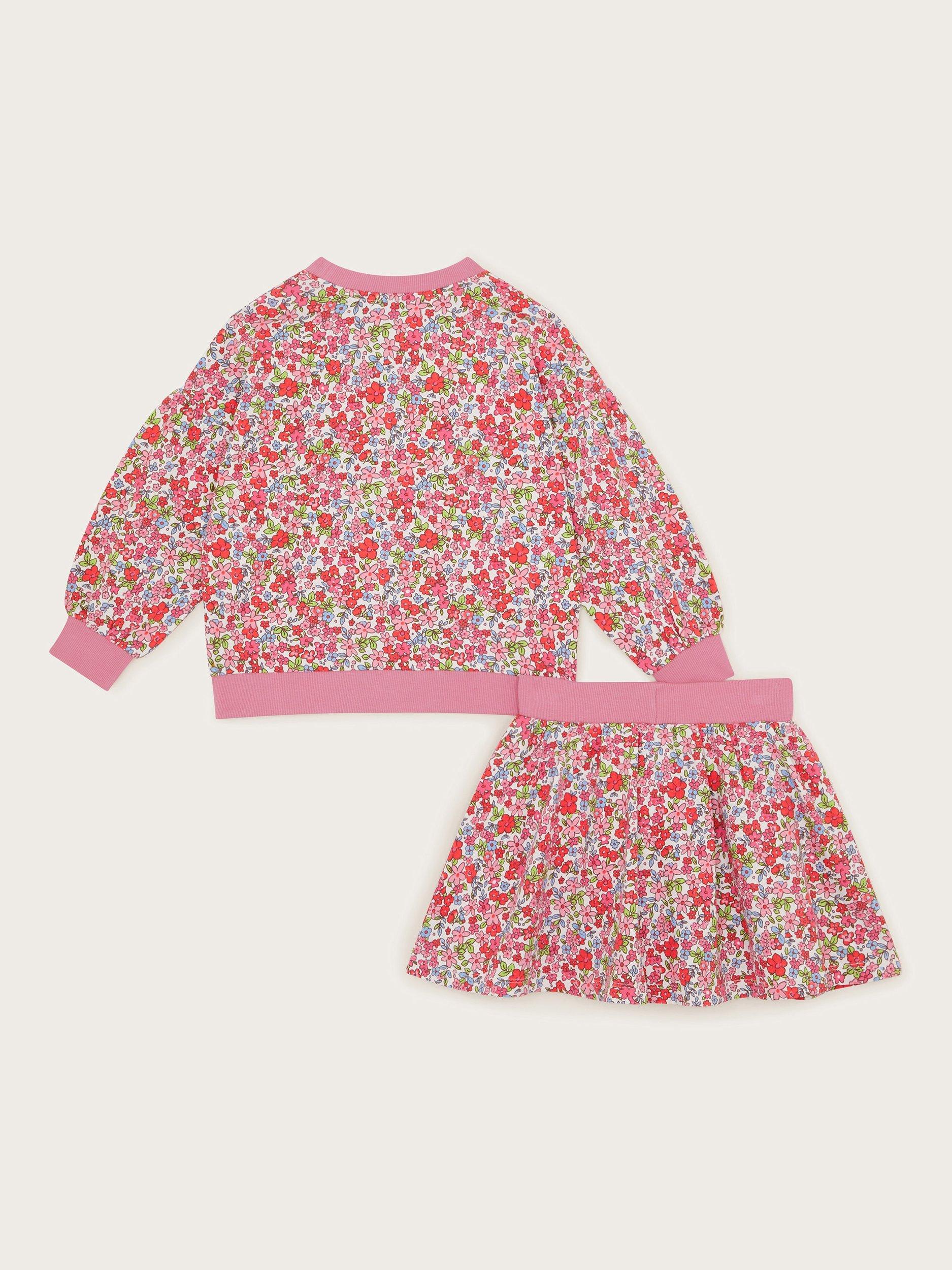 Product image 2 of 3, which shows Monsoon Kids' Cotton Floral Print Sweatshirt & Skort Set, Pink, 3-4 years