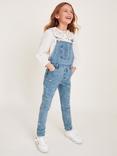 Monsoon Kids' Cotton Floral Embroidered Denim Dungarees, Blue