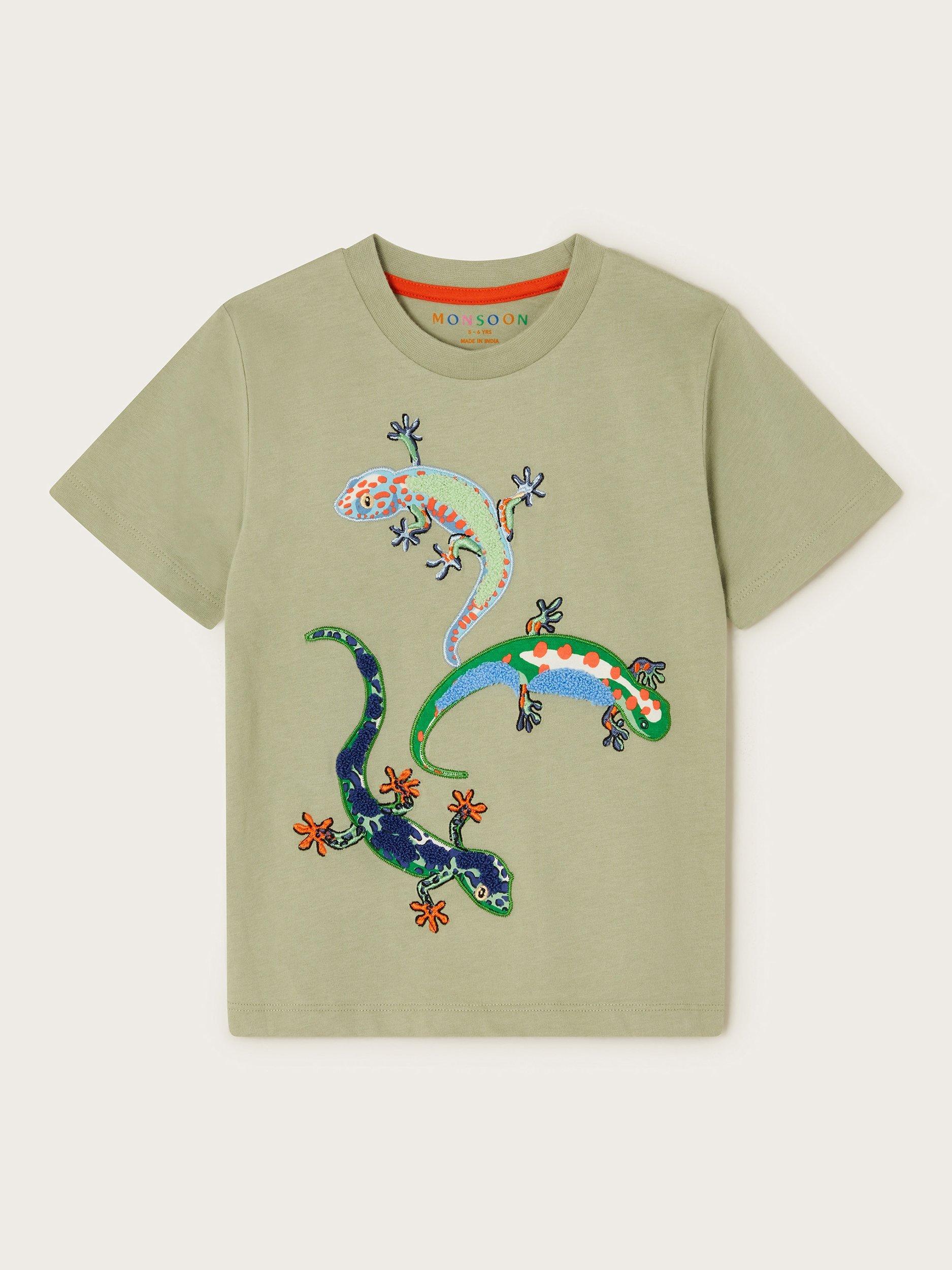 Product image 1 of 3, which shows Monsoon Kids' Cotton Lizard T-Shirt, Khaki, 3-4 years