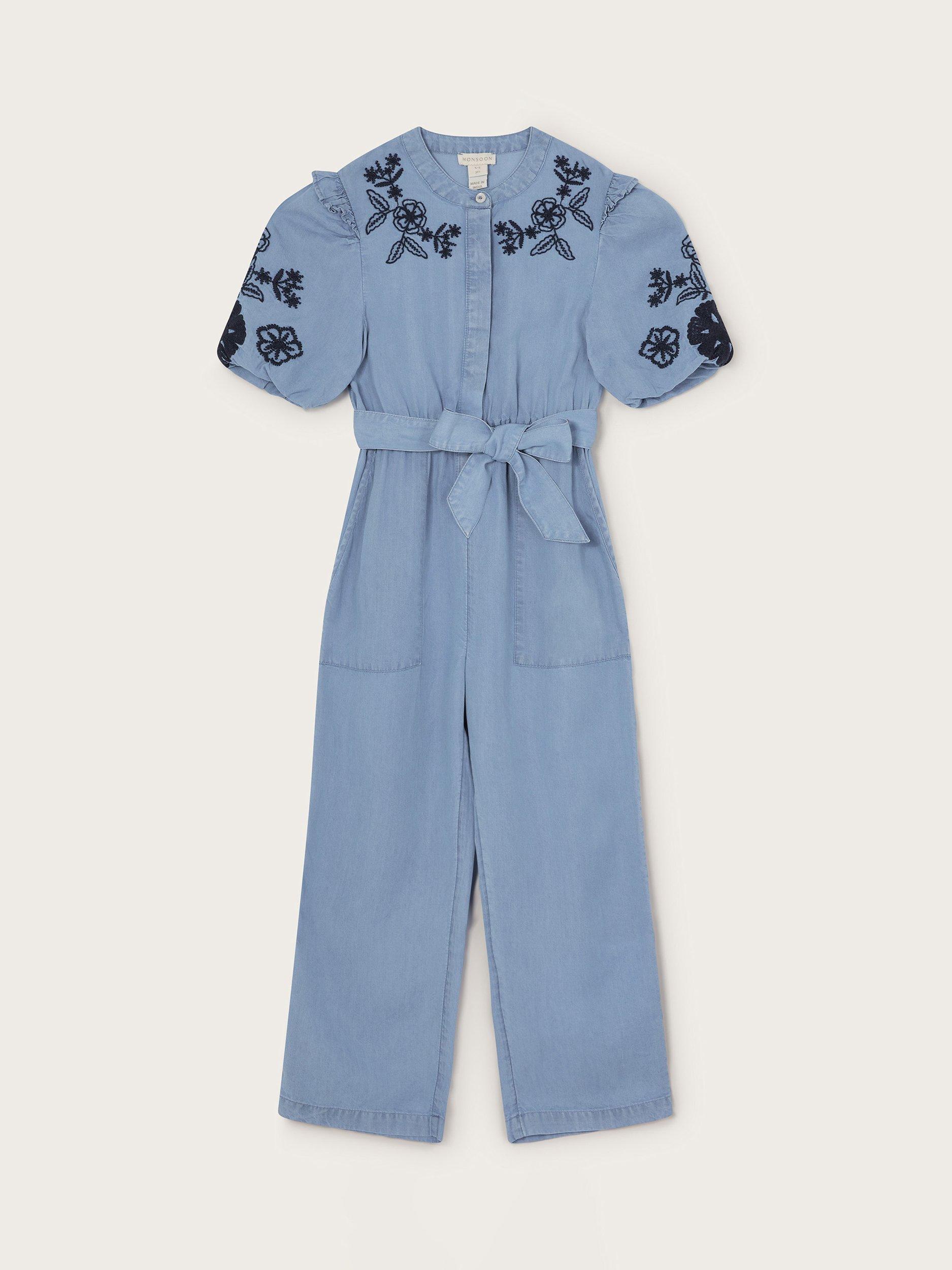 Product image 2 of 4, which shows Monsoon Kids' Floral Embroidered Jumpsuit, Blue, 3 years