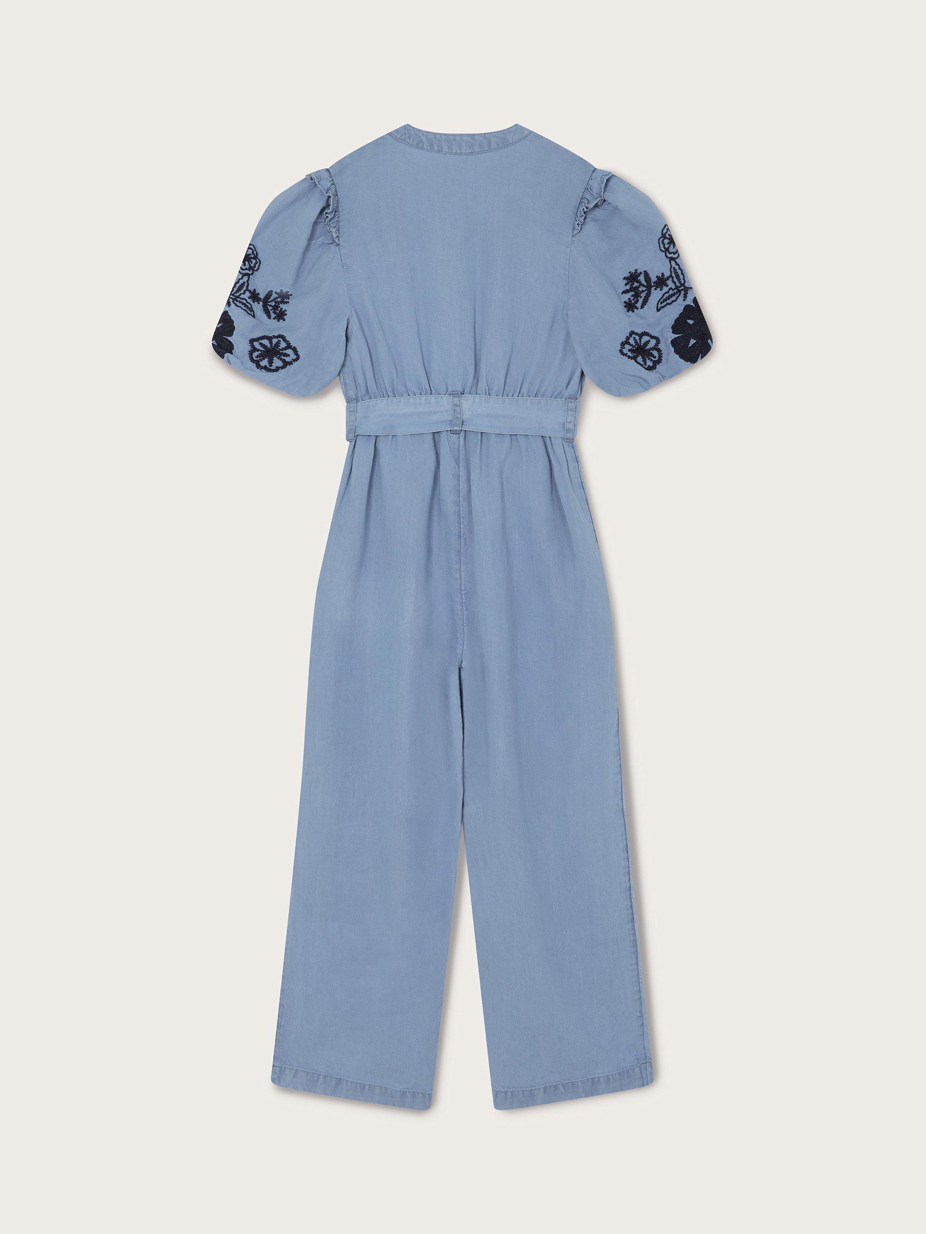Product image 3 of 4, which shows Monsoon Kids' Floral Embroidered Jumpsuit, Blue, 3 years