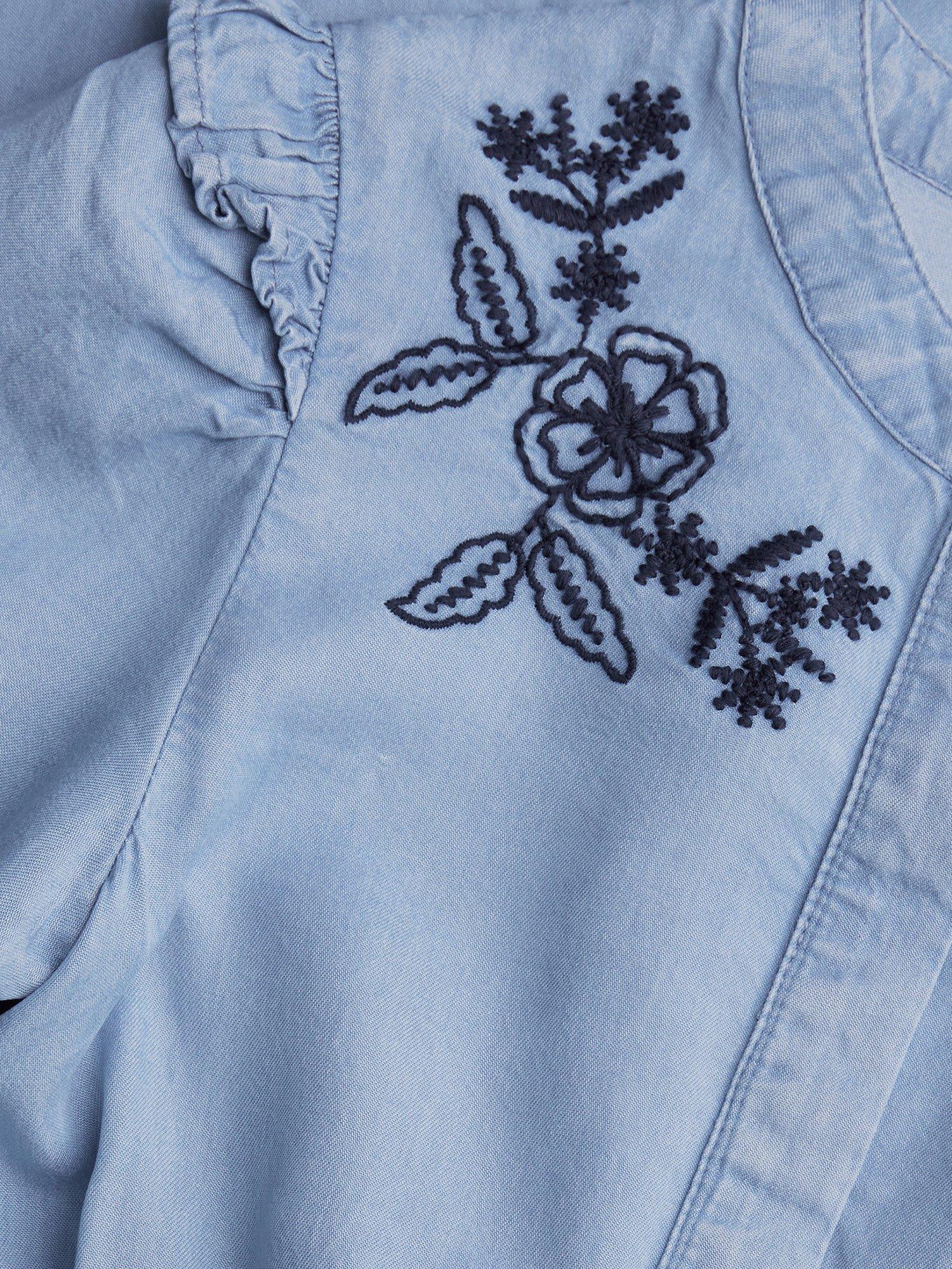 Product image 4 of 4, which shows Monsoon Kids' Floral Embroidered Jumpsuit, Blue, 3 years