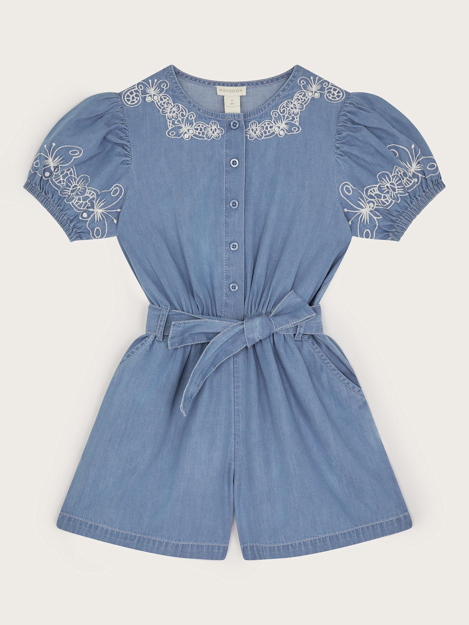 Product image 2 of 4, which shows Monsoon Kids' Cotton Chambray Playsuit, Blue, 3 years